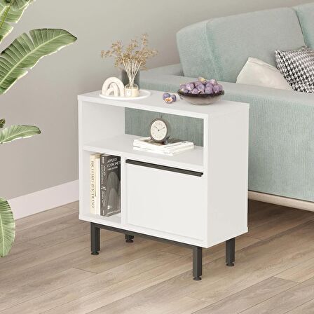 Robin Home Lidya Yan Sehpa Komodin Kapaklı Metal Ayaklı  Beyaz 