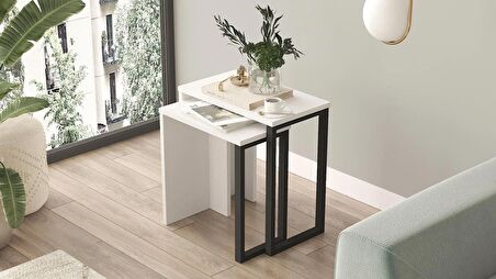 Robin Home Lidya 2'Li Zigon Sehpa Yan Sehpa Metal Ayaklı Beyaz 