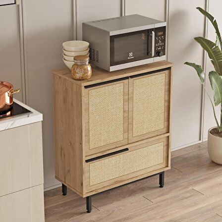 Robin Home Lidya Mutfak Dolabı Mikrodalga 3 Kapaklı Metal Ayaklı Uv Baskı Sepet-Jüt 