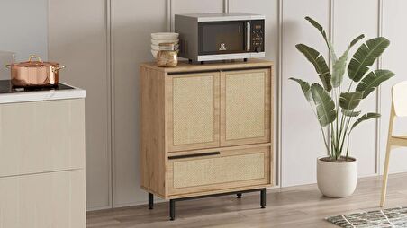 Robin Home Lidya Mutfak Dolabı Mikrodalga 3 Kapaklı Metal Ayaklı Uv Baskı Sepet-Jüt 