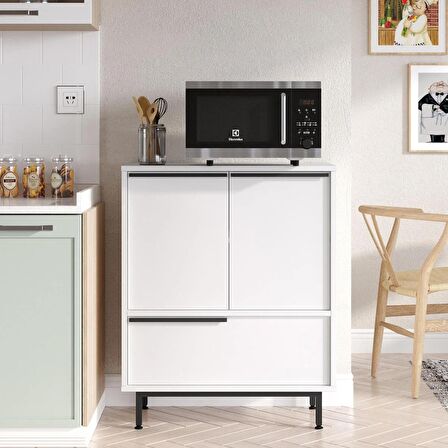 Robin Home Lidya Mutfak Dolabı Mikrodalga 3 Kapaklı Metal Ayaklı Beyaz 