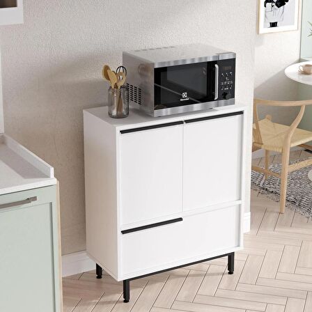 Robin Home Lidya Mutfak Dolabı Mikrodalga 3 Kapaklı Metal Ayaklı Beyaz 