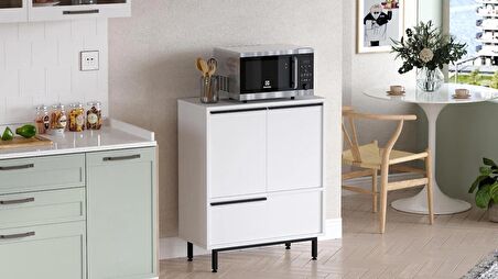 Robin Home Lidya Mutfak Dolabı Mikrodalga 3 Kapaklı Metal Ayaklı Beyaz 