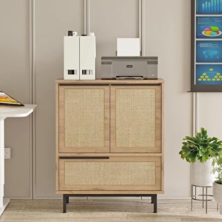 Robin Home Lidya Ofis Dolabı 3 Kapaklı Metal Ayaklı Uv Baskı Sepet-Jüt