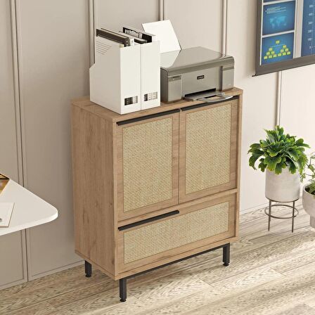 Robin Home Lidya Ofis Dolabı 3 Kapaklı Metal Ayaklı Uv Baskı Sepet-Jüt