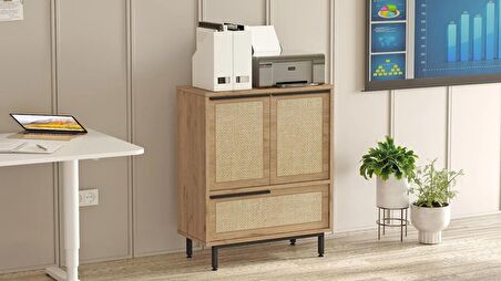 Robin Home Lidya Ofis Dolabı 3 Kapaklı Metal Ayaklı Uv Baskı Sepet-Jüt