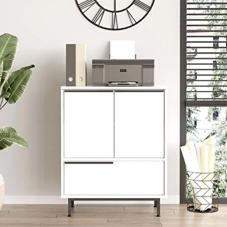 Robin Home Lidya Ofis Dolabı 3 Kapaklı Metal Ayaklı Beyaz 