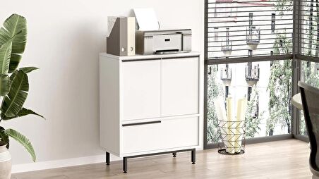 Robin Home Lidya Ofis Dolabı 3 Kapaklı Metal Ayaklı Beyaz 