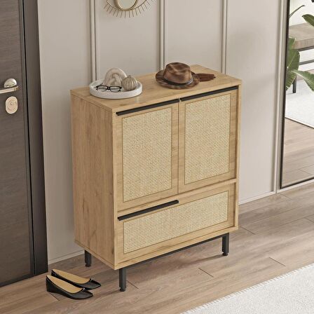 Robin Home Lidya Ayakkabılık Çok Amaçlı Dolap 3 Kapaklı Metal Ayaklı Uv Baskı Sepet-Jüt 