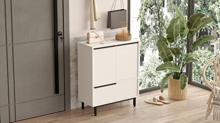 Robin Home Lidya Ayakkabılık Çok Amaçlı Dolap 3 Kapaklı Metal Ayaklı Beyaz