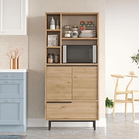 Robin Home Lidya Mutfak Kiler Dolabı Mikrodalga 3 Kapaklı Raflı Metal Ayaklı Sepet 