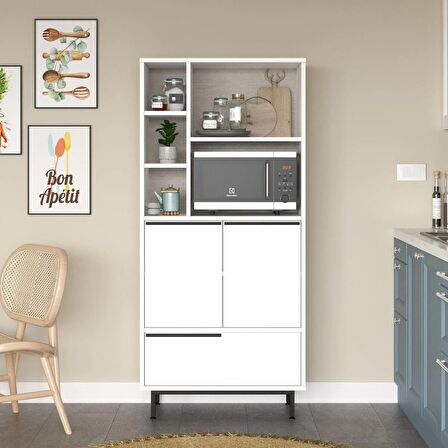 Robin Home Lidya Mutfak Kiler Dolabı Mikrodalga 3 Kapaklı Raflı Metal Ayaklı Beyaz 