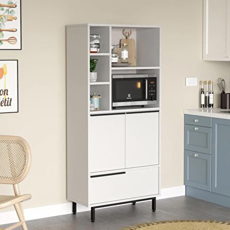 Robin Home Lidya Mutfak Kiler Dolabı Mikrodalga 3 Kapaklı Raflı Metal Ayaklı Beyaz 