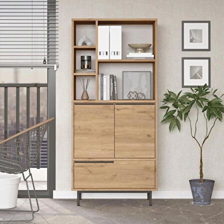 Robin Home Lidya Ofis Klasör Dolabı Kitaplık 3 Kapaklı Metal Ayaklı Sepet 