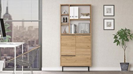 Robin Home Lidya Ofis Klasör Dolabı Kitaplık 3 Kapaklı Metal Ayaklı Sepet 
