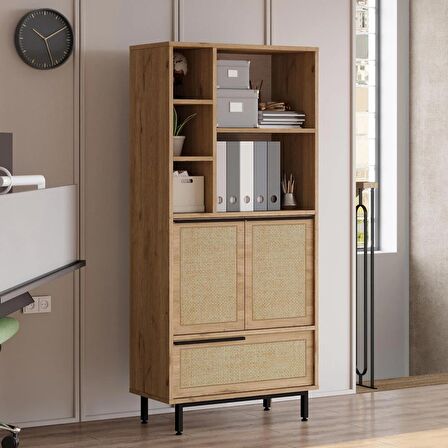 Robin Home Lidya Ofis Klasör Dolabı Kitaplık 3 Kapaklı Metal Ayaklı Uv Baskı Sepet-Jüt 