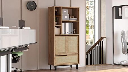 Robin Home Lidya Ofis Klasör Dolabı Kitaplık 3 Kapaklı Metal Ayaklı Uv Baskı Sepet-Jüt 