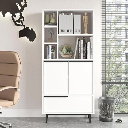 Robin Home Lidya Ofis Klasör Dolabı Kitaplık 3 Kapaklı Metal Ayaklı Beyaz ON9B-W