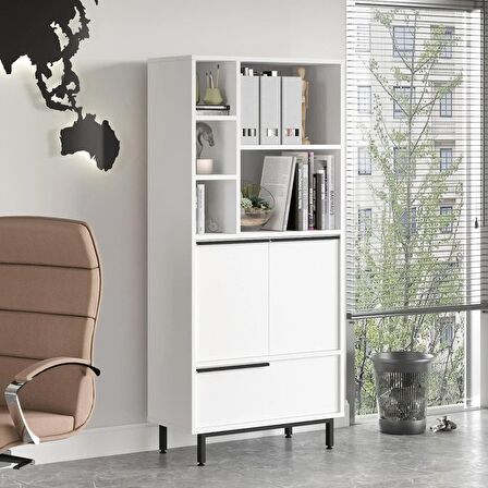 Robin Home Lidya Ofis Klasör Dolabı Kitaplık 3 Kapaklı Metal Ayaklı Beyaz ON9B-W