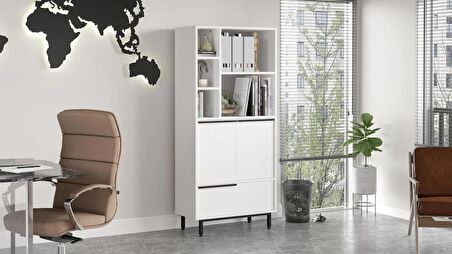 Robin Home Lidya Ofis Klasör Dolabı Kitaplık 3 Kapaklı Metal Ayaklı Beyaz ON9B-W
