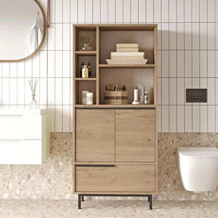 Robin Home Lidya Banyo Dolabı Çok Amaçlı Dolap 3 Kapaklı Metal Ayaklı Sepet 
