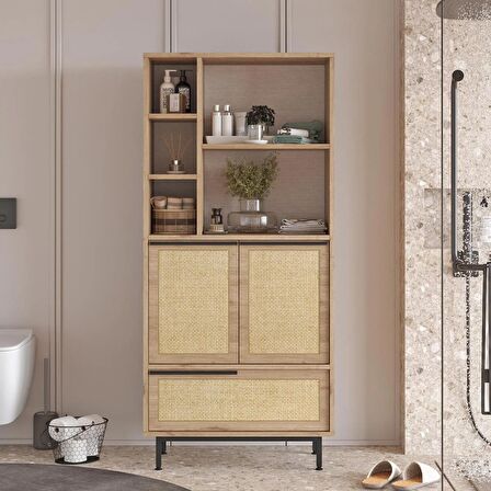 Robin Home Lidya Banyo Dolabı Çok Amaçlı Dolap 3 Kapaklı Metal Ayaklı Uv Baskı Sepet-Jüt