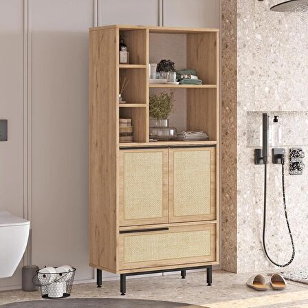 Robin Home Lidya Banyo Dolabı Çok Amaçlı Dolap 3 Kapaklı Metal Ayaklı Uv Baskı Sepet-Jüt