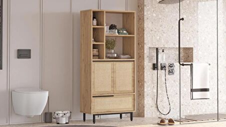 Robin Home Lidya Banyo Dolabı Çok Amaçlı Dolap 3 Kapaklı Metal Ayaklı Uv Baskı Sepet-Jüt