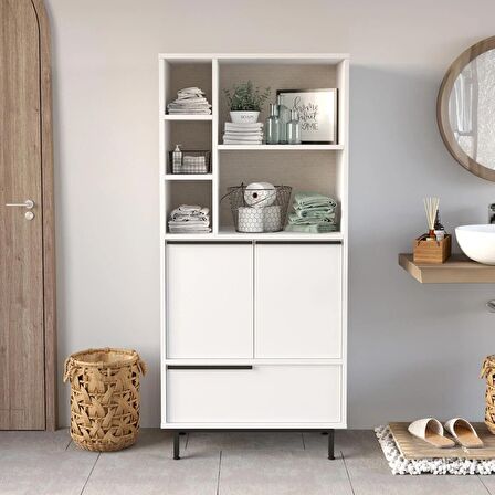 Robin Home Lidya Banyo Dolabı Çok Amaçlı Dolap 3 Kapaklı Metal Ayaklı Beyaz 