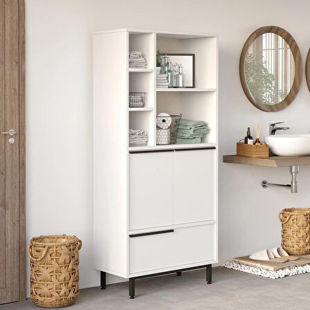Robin Home Lidya Banyo Dolabı Çok Amaçlı Dolap 3 Kapaklı Metal Ayaklı Beyaz 