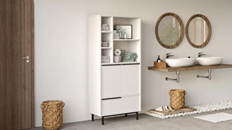 Robin Home Lidya Banyo Dolabı Çok Amaçlı Dolap 3 Kapaklı Metal Ayaklı Beyaz 