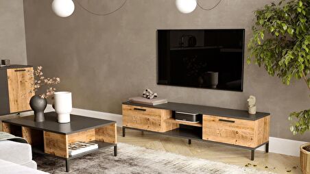 Robin Home Troya Serisi Tv Sehpası Tv Ünitesi Metal Ayaklı Çam