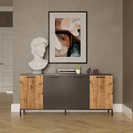 Robin Home Troya Oturma Odası Salon Konsol 4 Kapaklı Metal Ayaklı Çam