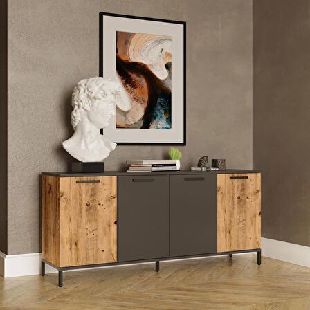 Robin Home Troya Oturma Odası Salon Konsol 4 Kapaklı Metal Ayaklı Çam