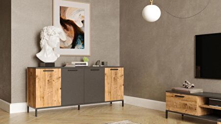 Robin Home Troya Oturma Odası Salon Konsol 4 Kapaklı Metal Ayaklı Çam