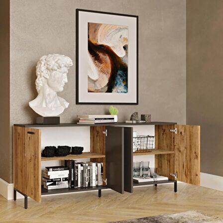Robin Home Troya Oturma Odası Salon Konsol 4 Kapaklı Metal Ayaklı Çam