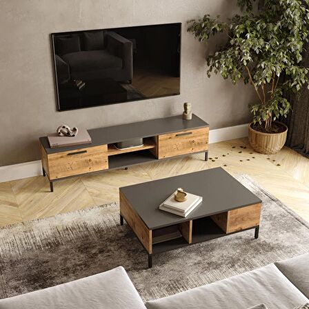 Robin Home Troya Serisi Tv Sehpası + Orta Sehpa Metal Ayaklı Çam
