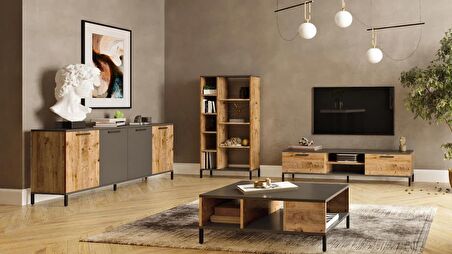 Robin Home Troya Serisi Tv Ünitesi Orta Sehpa Konsol Kitaplık 4'lü Salon Mobilya Takımı 
