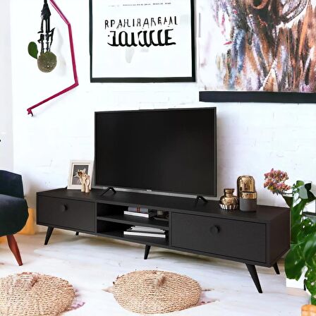 Robin Home Arya Tv Ünitesi Tv Sehpası Ahşap Ayak, 2Çekmece, Siyah AR5-332