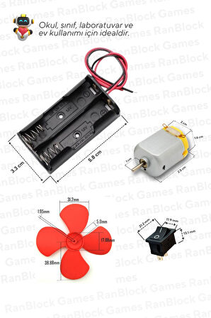 10'lu Paket Deney Seti (Motor, Pervane, Anahtar, Pil Yuvası, Pil ve Kablo) - Okul ve Sınıflar için MEB Uyumlu