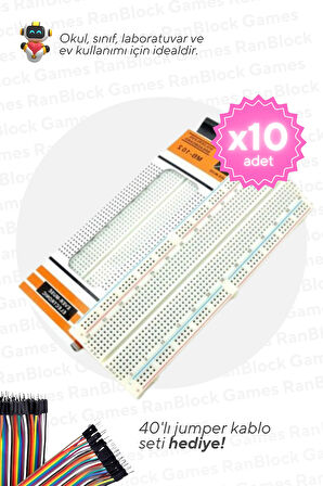 10'lu Paket 830 Pin Büyük Boy Breadboard - Okul ve Sınıflar için MEB Uyumlu