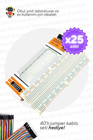 25'li Paket 830 Pin Büyük Boy Breadboard - Okul ve Sınıflar için MEB Uyumlu