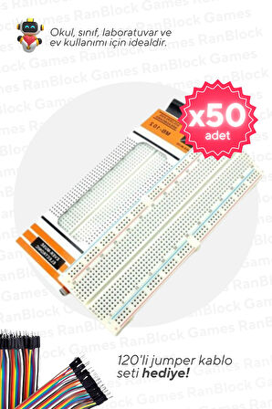 50'li Paket 830 Pin Büyük Boy Breadboard - Okul ve Sınıflar için MEB Uyumlu