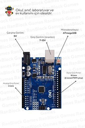 50'li Paket Arduino UNO R3 CH340 Programlanabilir Geliştirme Kartı - Okul ve Sınıflar için MEB Uyumlu