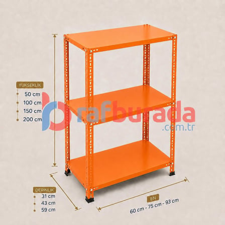 3 Katlı Renkli Dekoratif Çelik Raf - Çiçeklik rafı, Ofis Rafı 0,70 mm Kırmızı-43x60 cm-200 cm