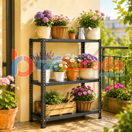 3 Katlı Renkli Dekoratif Çelik Raf - Çiçeklik rafı, Ofis Rafı 0,70 mm Sarı-59x93 cm-150 cm