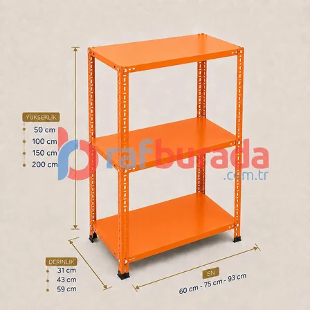 3 Katlı Renkli Dekoratif Çelik Raf - Çiçeklik rafı, Ofis Rafı 0,70 mm Sarı-59x75 cm-200 cm