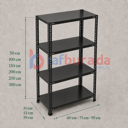 4 Katlı Renkli Dekoratif Çelik Raf - Çiçeklik rafı, Ofis Rafı 0,70 mm Siyah-31x60 cm-150 cm