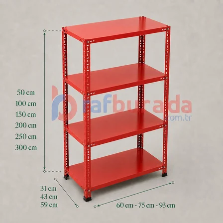 4 Katlı Renkli Dekoratif Çelik Raf - Çiçeklik rafı, Ofis Rafı 0,70 mm Kırmızı-59x93 cm-150 cm