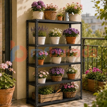 5 Katlı Renkli Dekoratif Çelik Raf - Çiçeklik Rafı, Ofis Rafı 0,70 mm Siyah-59x93 cm-100 cm